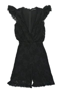 Black cotton-blend lace flutter sleeve wrap-effect romper