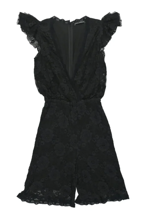 Black cotton-blend lace flutter sleeve wrap-effect romper