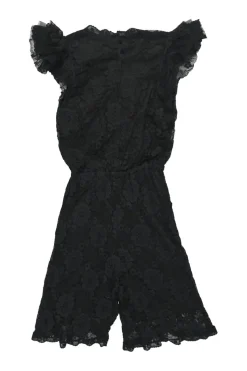 Black cotton-blend lace flutter sleeve wrap-effect romper