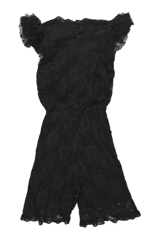 Black cotton-blend lace flutter sleeve wrap-effect romper