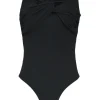 Black cotton-blend Lili draped twist-front off-shoulder thong bodysuit