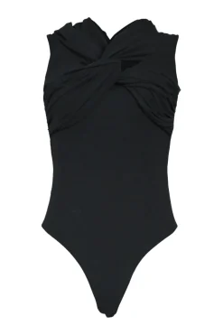 Black cotton-blend Lili draped twist-front off-shoulder thong bodysuit