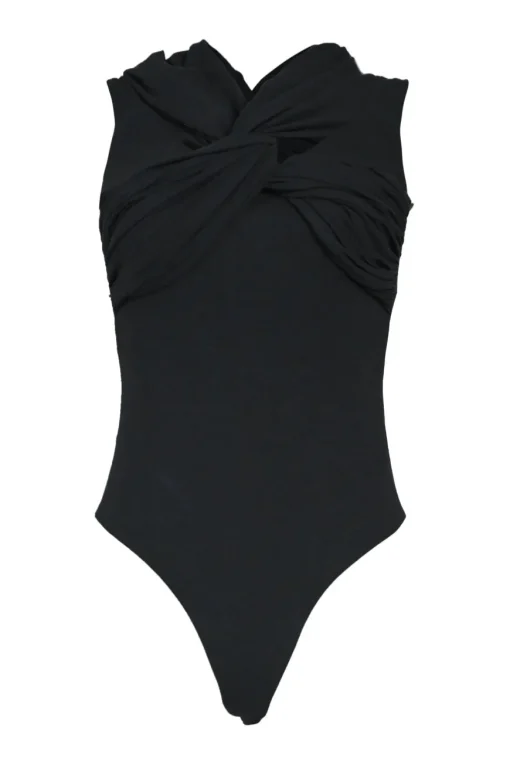 Black cotton-blend Lili draped twist-front off-shoulder thong bodysuit