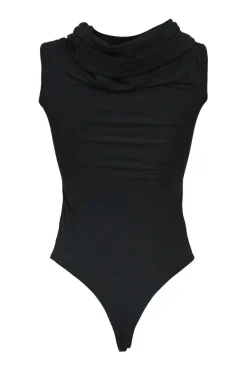 Black cotton-blend Lili draped twist-front off-shoulder thong bodysuit