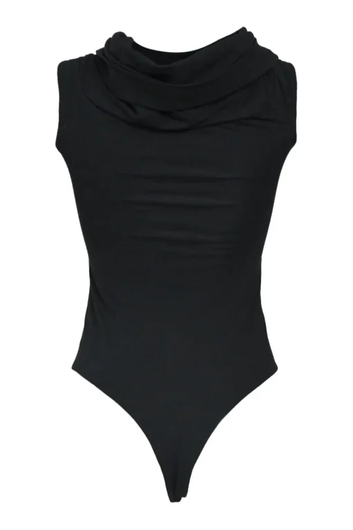 Black cotton-blend Lili draped twist-front off-shoulder thong bodysuit