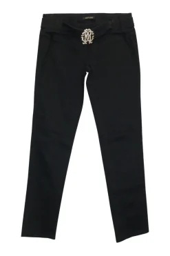 Black cotton-blend low-rise skinny jeans with crystal-embellished logo buckle fastening