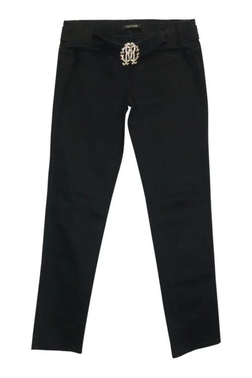 Black cotton-blend low-rise skinny jeans with crystal-embellished logo buckle fastening