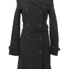 Black cotton-blend Nottingham lace double breasted notch collar belted Kensington trench coat