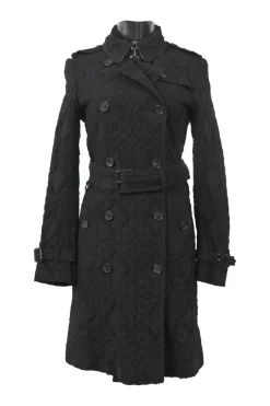 Black cotton-blend Nottingham lace double breasted notch collar belted Kensington trench coat