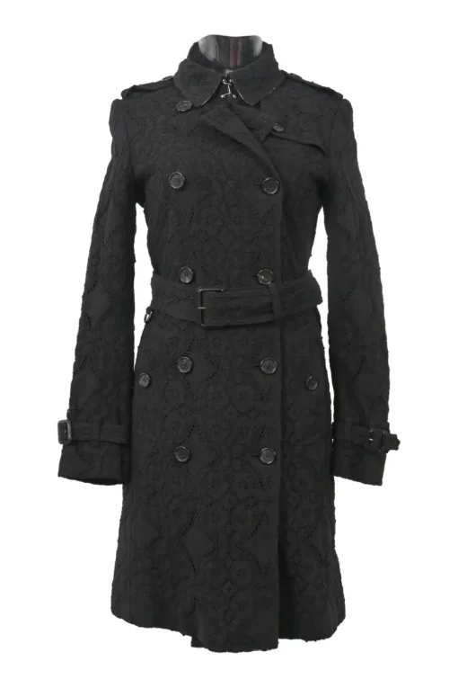 Black cotton-blend Nottingham lace double breasted notch collar belted Kensington trench coat
