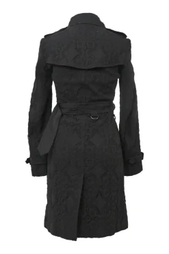 Black cotton-blend Nottingham lace double breasted notch collar belted Kensington trench coat