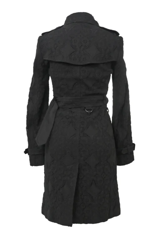 Black cotton-blend Nottingham lace double breasted notch collar belted Kensington trench coat