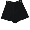 Black cotton-blend pull-on high-rise wide-leg shorts with metallic shank button waist adjusters