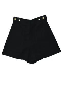 Black cotton-blend pull-on high-rise wide-leg shorts with metallic shank button waist adjusters