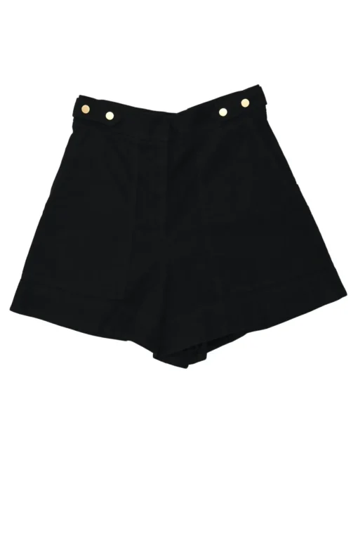 Black cotton-blend pull-on high-rise wide-leg shorts with metallic shank button waist adjusters
