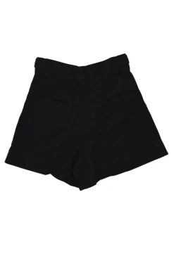 Black cotton-blend pull-on high-rise wide-leg shorts with metallic shank button waist adjusters