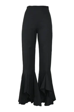Black cotton-blend pull-on high-rise flounce cuff flared pants