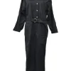 Black cotton-blend satin point collar half-button slip-on coverall jumpsuit with pull tab belt at waist