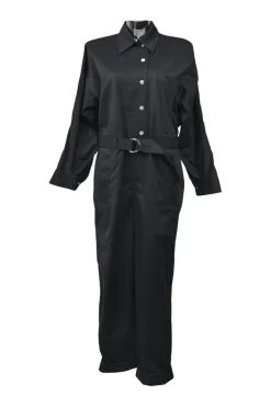 Black cotton-blend satin point collar half-button slip-on coverall jumpsuit with pull tab belt at waist