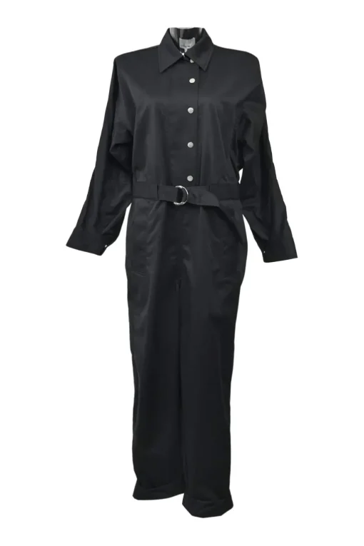 Black cotton-blend satin point collar half-button slip-on coverall jumpsuit with pull tab belt at waist