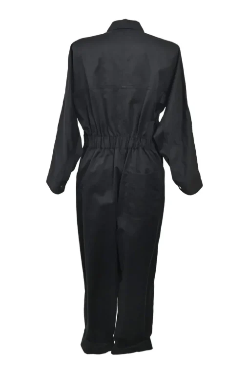 Black cotton-blend satin point collar half-button slip-on coverall jumpsuit with pull tab belt at waist