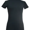 Black cotton-blend short sleeve second-skin knit top with funnel collar broderie motif