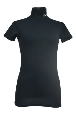 Black cotton-blend short sleeve second-skin knit top with funnel collar broderie motif