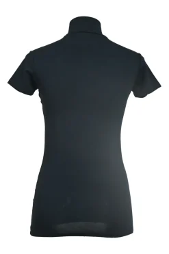 Black cotton-blend short sleeve second-skin knit top with funnel collar broderie motif