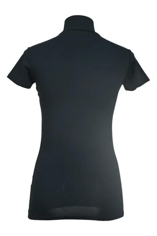 Black cotton-blend short sleeve second-skin knit top with funnel collar broderie motif