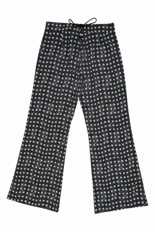Black cotton-blend star print double breasted tailored jacket and  pull-on high-rise wide-leg trouser suit set