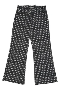 Black cotton-blend star print double breasted tailored jacket and  pull-on high-rise wide-leg trouser suit set