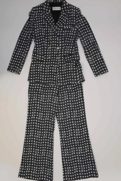 Black cotton-blend star print double breasted tailored jacket and  pull-on high-rise wide-leg trouser suit set