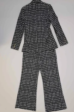 Black cotton-blend star print double breasted tailored jacket and  pull-on high-rise wide-leg trouser suit set