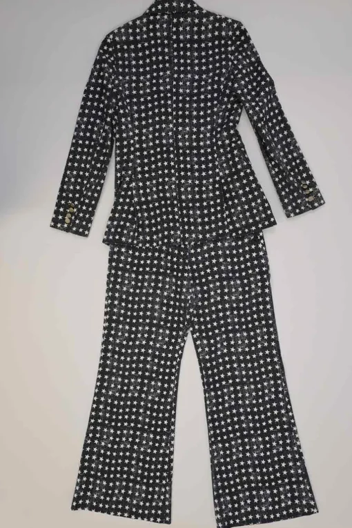 Black cotton-blend star print double breasted tailored jacket and  pull-on high-rise wide-leg trouser suit set