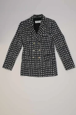 Black cotton-blend star print double breasted tailored jacket and  pull-on high-rise wide-leg trouser suit set