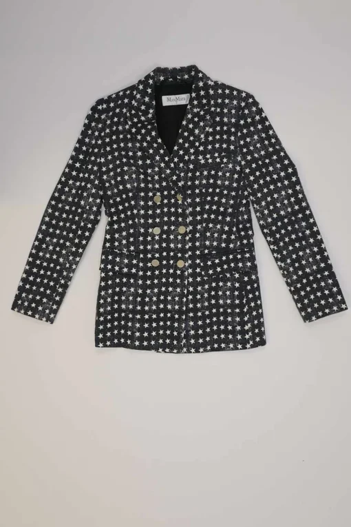 Black cotton-blend star print double breasted tailored jacket and  pull-on high-rise wide-leg trouser suit set
