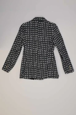 Black cotton-blend star print double breasted tailored jacket and  pull-on high-rise wide-leg trouser suit set