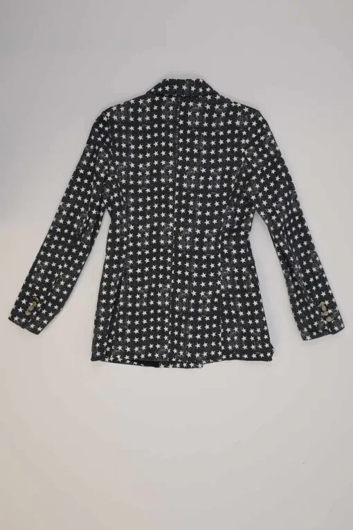 Black cotton-blend star print double breasted tailored jacket and  pull-on high-rise wide-leg trouser suit set