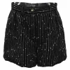 Black cotton-blend stripe jacquard pleat-front tailored shorts with Coco Mark shank button and fly front fastening