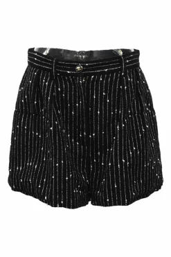 Black cotton-blend stripe jacquard pleat-front tailored shorts with Coco Mark shank button and fly front fastening