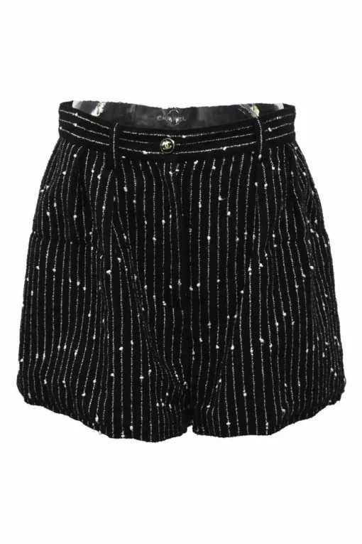 Black cotton-blend stripe jacquard pleat-front tailored shorts with Coco Mark shank button and fly front fastening