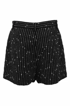 Black cotton-blend stripe jacquard pleat-front tailored shorts with Coco Mark shank button and fly front fastening