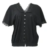 Black cotton-jersey button-front cropped cardigan with tonal lace Chelsea collar and cuffs