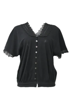 Black cotton-jersey button-front cropped cardigan with tonal lace Chelsea collar and cuffs