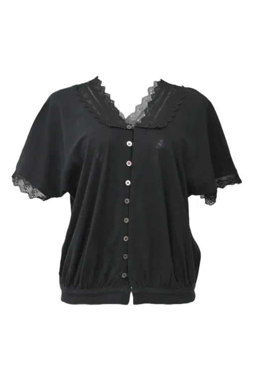 Black cotton-jersey button-front cropped cardigan with tonal lace Chelsea collar and cuffs