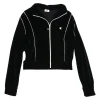 Black cotton-polyamide velour cropped zip-up mock neck jacket with logo broderie motif