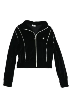 Black cotton-polyamide velour cropped zip-up mock neck jacket with logo broderie motif