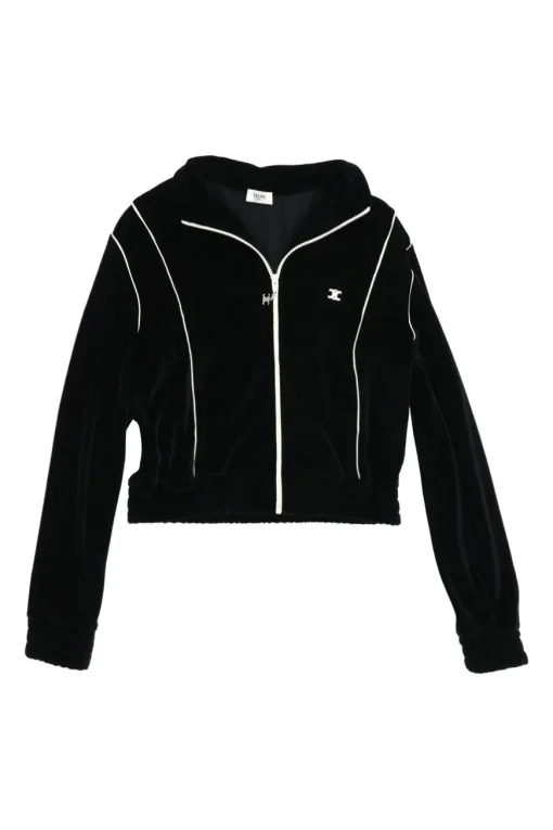 Black cotton-polyamide velour cropped zip-up mock neck jacket with logo broderie motif