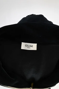 Black cotton-polyamide velour cropped zip-up mock neck jacket with logo broderie motif