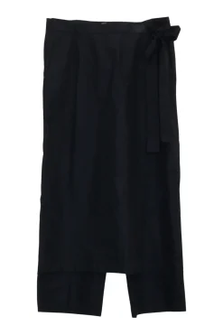 Black cotton-silk blend high-rise apron trousers with ribbon tie at waist with slanted hip pockets